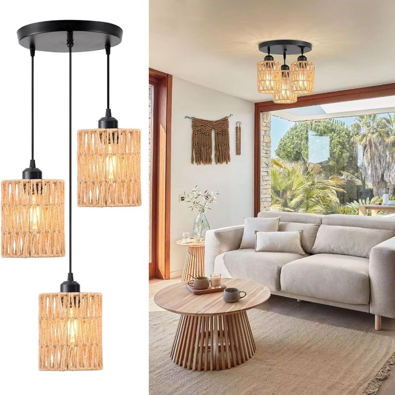 Photo 1 of 3-Light Rattan Pendant Light Fixtures, Industrial Black Hanging Lighting, Adjustable Woven Wicker Chandelier, Farmhouse Basket Ceiling Lamp for Kitchen Island Dining Room Bedroom
