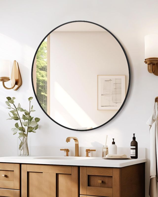 Photo 1 of 2024 New HD Eco-Friendly Round Mirror, Metal Framed Bathroom Mirror, Modern Cute Circle Mirror, Wall Mirror for Entryway, Bathroom, Vanity, Easy to Install, Matte Black (18 Inch)
