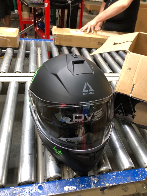 Photo 2 of "Biohazard" Full Face Matte Green Dual Visor Street Bike Motorcycle Helmet by Triangle [DOT] (Medium)