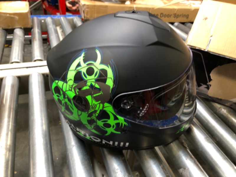 Photo 4 of "Biohazard" Full Face Matte Green Dual Visor Street Bike Motorcycle Helmet by Triangle [DOT] (Medium)