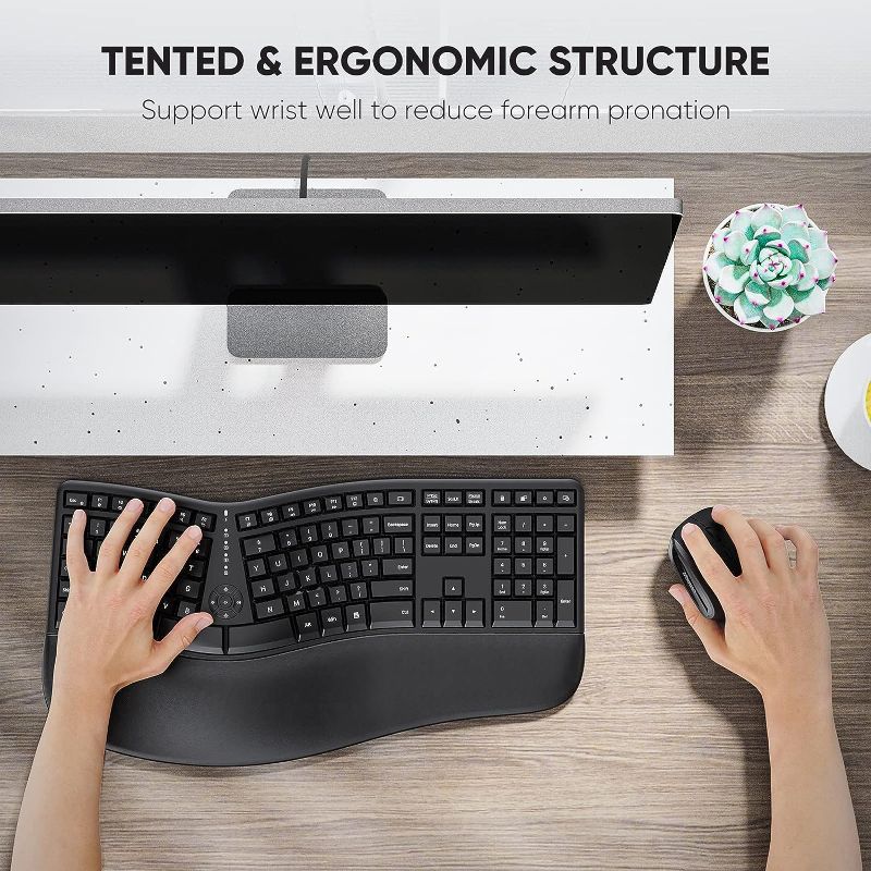 Photo 4 of MEETION Ergonomic Wireless Keyboard and Mouse, Ergo Keyboard with Vertical Mouse, Split Keyboard with Cushioned Wrist, Palm Rest, Natural Typing, Rechargeable, Full Size, Windows/Mac/Computer/Laptop