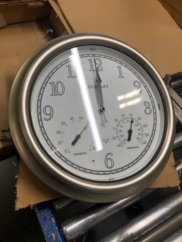 Photo 1 of 18 Inch Large Illuminated Outdoor Atomic Analog Wall Clock with Temperature & Humidity Combo, Lighted Outdoor Clocks for Patio Large Waterproof with Thermometer, Morning Silver Finish