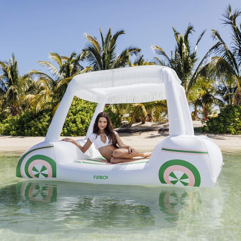 Photo 1 of FUNBOY Giant Inflatable Luxury Golf Cart Pool Float, Two Cup Holders, Removable Fringe Shade, Float for Summer Pool Party and Entertainment