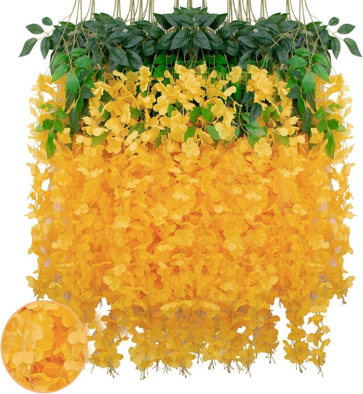 Photo 1 of 24 Pack Orange Wisteria Hanging Flowers Garland, 3.77 Feet Orange Artificial Wisteria Flower Vines, Fake Orange Wisteria, Orange Flower Vines for Backdrop, Orange Trailing Flower, Hanging Flower Decor
