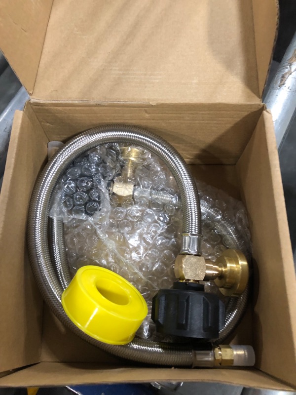 Photo 1 of 2 Pack 1/4" Inverted RV Propane Pigtail Hose with Gauge, 15inch RV Propane Hose Connector with Type 1/4" Inverted Male Flare Stainless Steel Braided for 5LB - 40LB Propane Tank Coming with Tape