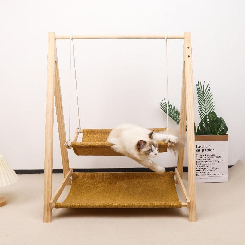 Photo 1 of **USED//MISSING HARDWARE//SOLD AS PARTS** Found Notice Cat Hammock Wooden Cat Bed, Plush Velvet Cat Beds for Indoor Cats, Cat Couch, Suitable for Cats, Dog, Bunny, Rabbit, Kitten and Small Animal?Pet Resting Hammock?Furniture Gift