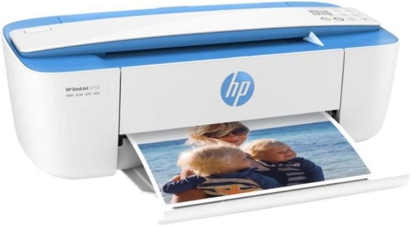 Photo 1 of HP DeskJet 3755 Compact All-in-One Wireless Printer, HP Instant Ink, Works with Alexa - Blue Accent (J9V90A)
