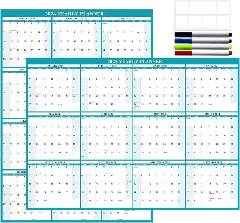 Photo 1 of 24" x 36" Exellewis 2024 Wall Calendar Erasable, Wet & Dry Erase Wall Large Laminated Annual Yearly Planner- 12 Month Horizontal/Vertical Calendar January to December for Easy Planning, Organizing (Green)
