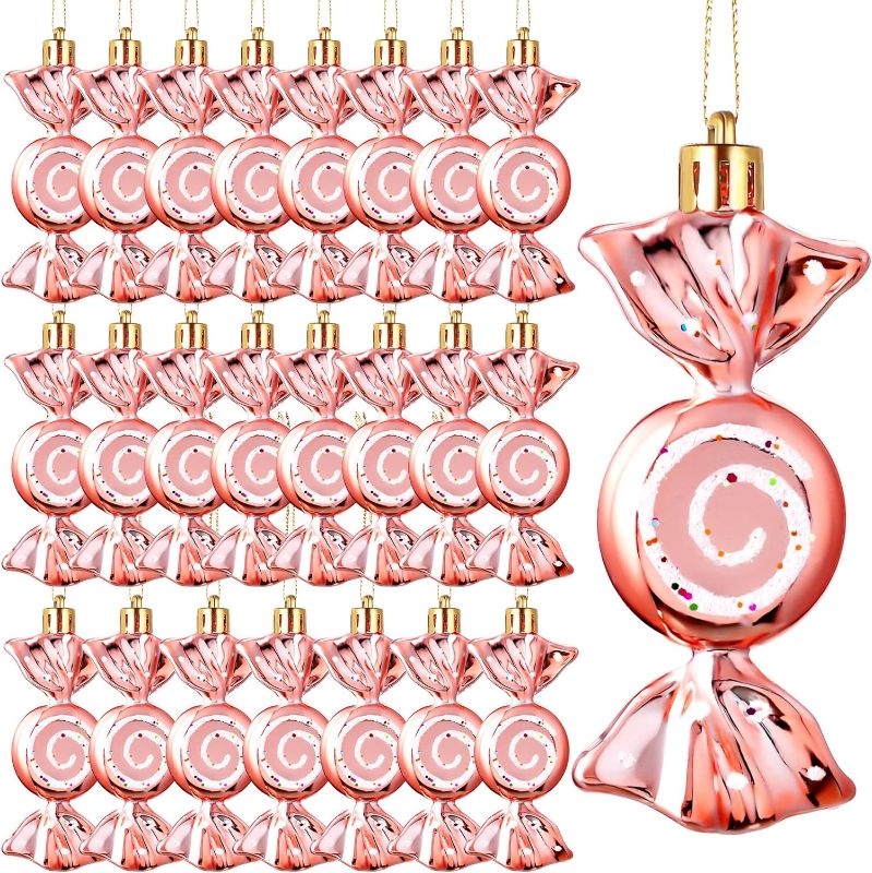 Photo 1 of 36 Pcs Christmas Candy Ornaments Candy Cane Christmas Tree Glitter Hanging Ornaments Plastic Peppermint Candy Swirl Decorations for Christmas Tree Home Party Favor Supplies (Rose Gold)
