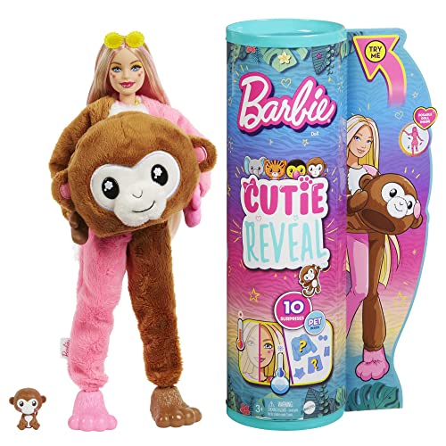 Photo 1 of Barbie Cutie Reveal Jungle Series Fashion Doll with Monkey Plush Costume Mini Pet & Accessories

