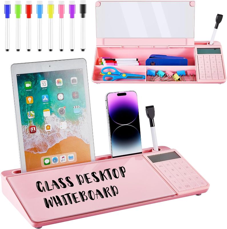 Photo 1 of Desktop Glass Board Glass Dry Erase Board, with Phone Tablet Slot, Storage Compartment Includes 8 Pcs Erase Markers Desk Computer(White, Calculator) Calculator White