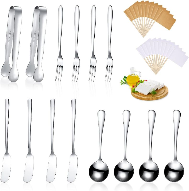 Photo 1 of ***USED*** Cheese Butter Spreader Knives Set Charcuterie Accessories Stainless Steel Spreader Knives Charcuterie Boards Utensils Mini Serving Tongs Spoons and Forks for Pastry Making (Silver) 