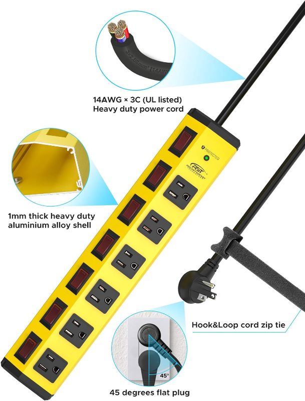 Photo 1 of CRST 6-Outlet Heavy Duty Metal Power Strip with Individual Switches and Flat Plug, 15AMP/1875W Surge Protector (1200 Joules), 6-Feet 14AWG Cord with Hook and Loop Fastener
