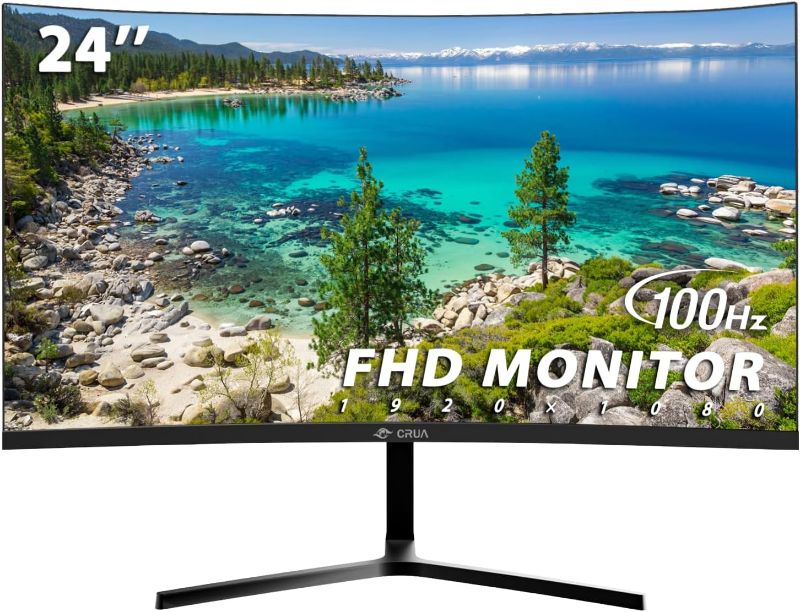 Photo 1 of CRUA 24" Curved Monitor, FHD(1920×1080p) 2800R 100HZ, 99% sRGB Color Gamut Computer Monitors, 3-Sided Narrow Bezel and Filter Blue Light Function, Desktop PC Monitor(HDMI, VGA)- Machine Black
