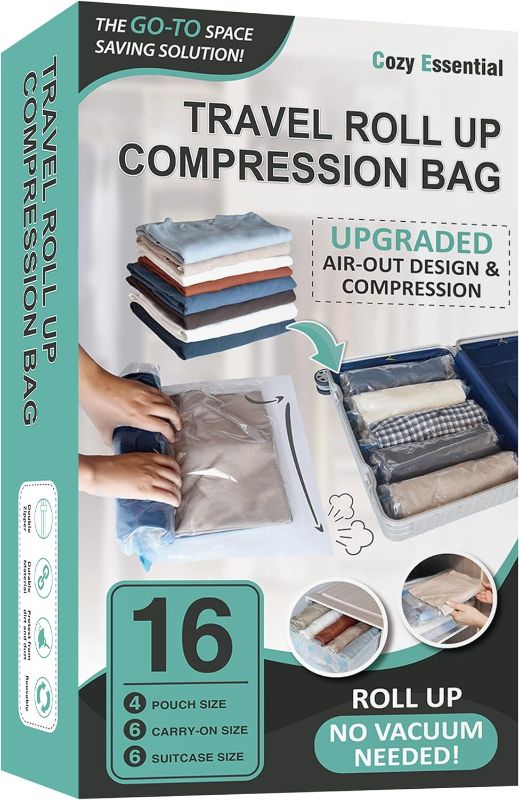 Photo 1 of 16 Roll Up Travel Compression Bags No Vacuum Needed (6 Large Roll/6 Medium Roll/4 Small Roll)