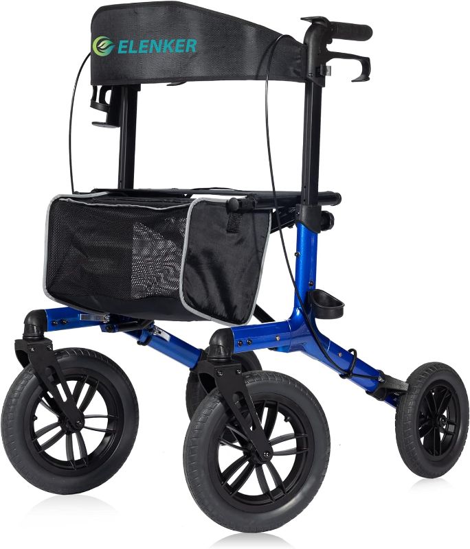 Photo 1 of ELENKER All-Terrain Rollator Walker with Non-Pneumatic Tire 12” Front Rubber Wheels, Compact Folding Design for Seniors, Blue