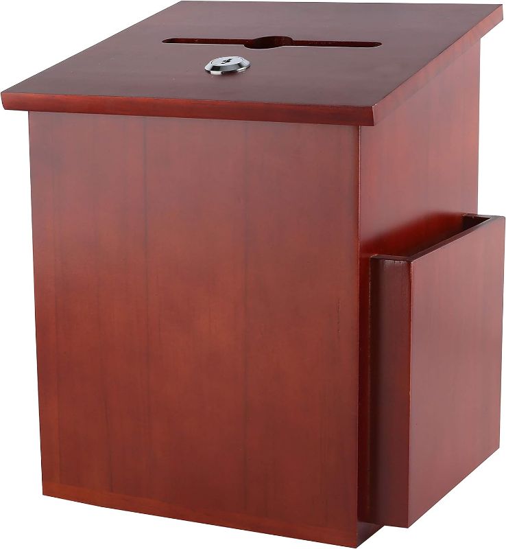 Photo 1 of  Wood Charity Donation collection Box Office suggestion Ballot Box With wide slot for envelopes and suggestion comment forms, side Pocket and Locking Hinged Lid & Pen for Table Or Counter-top(Mahogany)