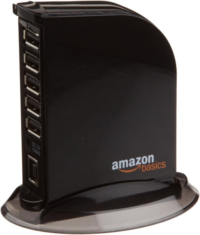 Photo 1 of Amazon Basics 7 Port USB 2.0 Hub Tower with 5V/4A Power Adapter, Black