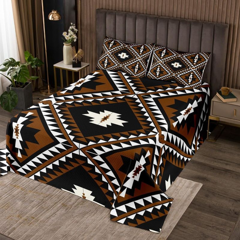 Photo 1 of 100% Cotton Rustic Western Queen Bedding Set for Men,Southwestern Aztec Comforter Cover Bohemian Duvet Cover Ethnic Mexican Style Geometric Diamond Quilt Cover Brown Black White Farmhouse Room Decor