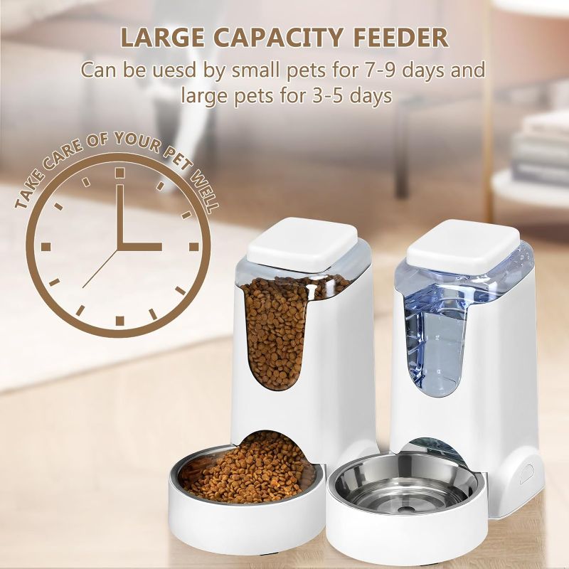 Photo 1 of 2 Pack Automatic Cat Feeder and Water Dispenser with Stainless Steel Dog Bowl Gravity Self Feeding for Small Medium Pets Puppy Kitten 1 Gallon x 2 (White)