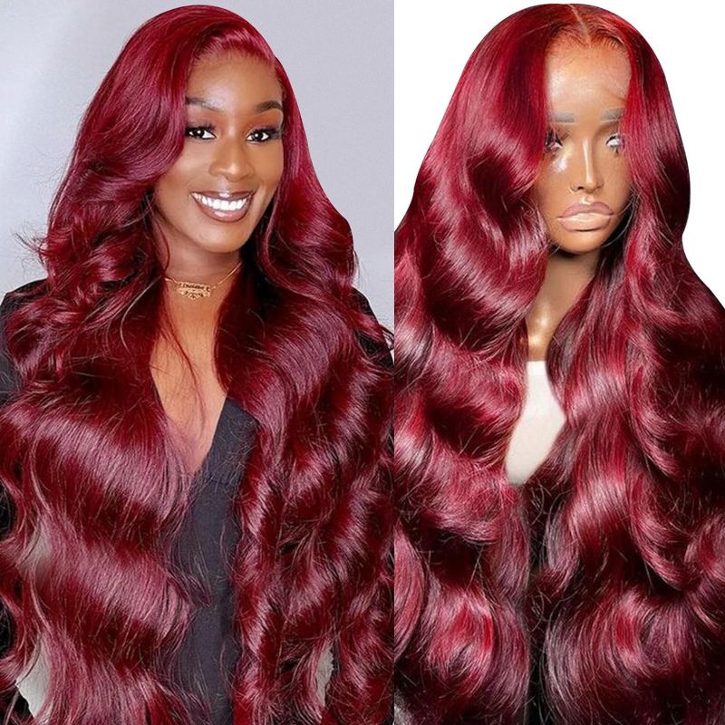 Photo 1 of 99j Burgundy Lace Front Wigs Human Hair 13x4 HD Glueless Body Wave Lace Front Wigs Human Hair Pre Plucked Bleached Knots 180% Density Wine Red Colored Human Hair