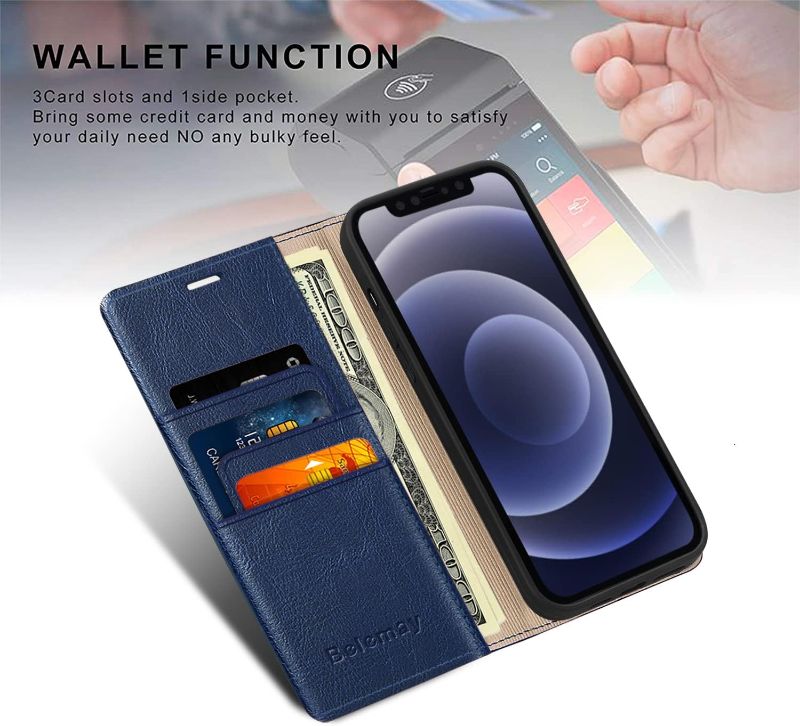 Photo 1 of Belemay Compatible with iPhone 15 Pro Max Case Wallet-Genuine Leather-RFID Blocking Card Holders-Shockproof TPU Shell-Kickstand-Durable Flip Cover Folding Phone Case Women Men (6.7-inch) Navy Blue