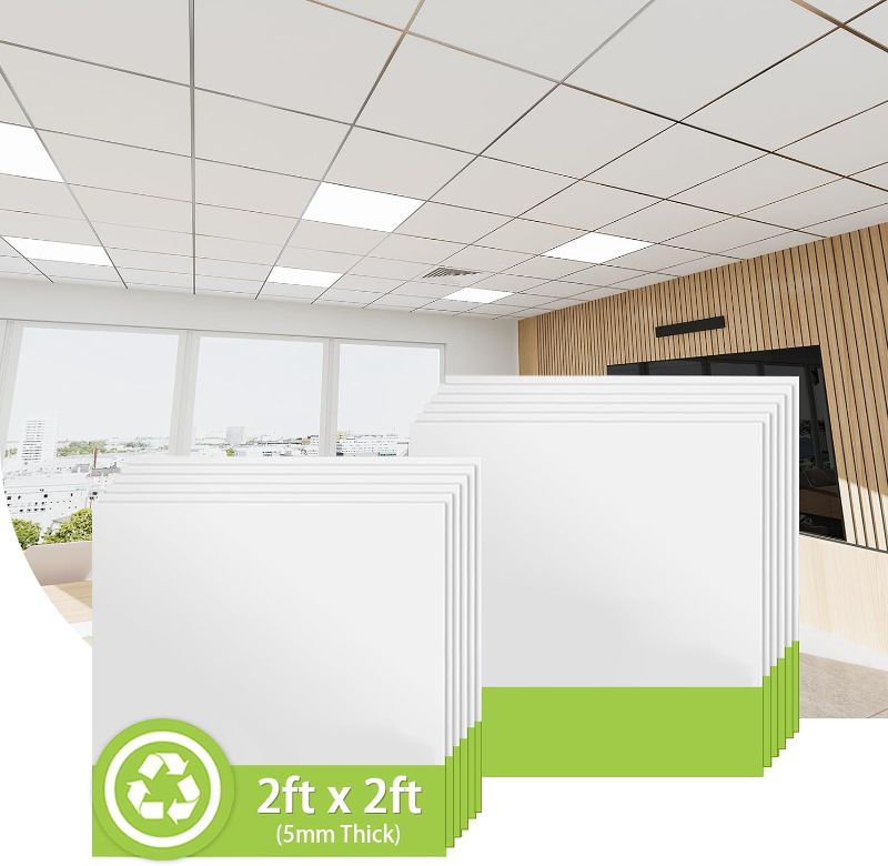 Photo 1 of 2ft x 2ft Drop Ceiling Tiles?Smooth White PVC Ceiling Panel 24 x 24in. Waterproof, Washable and Fire-Rated - Reusable - High-Grade PVC to Prevent Breakage-Package of 12 Tiles