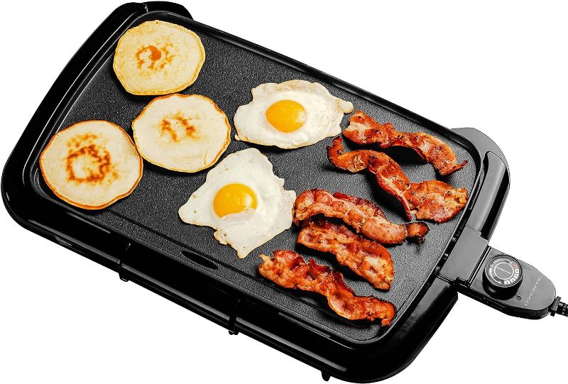 Photo 1 of OVENTE Electric Griddle with 16 x 10 Inch Flat Non-Stick Cooking Surface, Adjustable Thermostat, Essential Indoor Grill for Instant Breakfast Pancakes Burgers Eggs, Black GD1610B