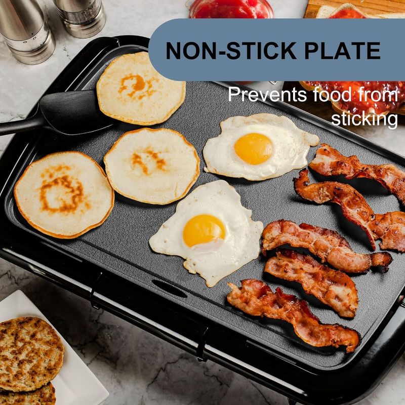 Photo 2 of OVENTE Electric Griddle with 16 x 10 Inch Flat Non-Stick Cooking Surface, Adjustable Thermostat, Essential Indoor Grill for Instant Breakfast Pancakes Burgers Eggs, Black GD1610B