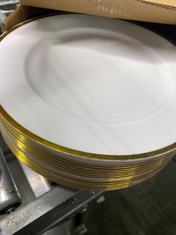 Photo 3 of 24 Pack White Charger Plates Bulk 13 Inch Round Dinner Charger with Gold Rim Plastic Chargers Service Plates Dinner Tabletop Decoration Plates for Party Banquet Wedding Kitchen Formal Events