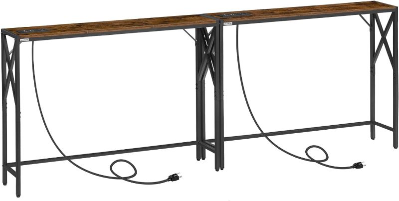 Photo 1 of 2 Pack Narrow Sofa Table with Charging Station, 39.4" L x 5.9" W x 29" H, Skinny Console Table, Long Entryway Table, Hallway Table, Couch Table with Power Outlets, Rustic Brown CTHR151E01S2
