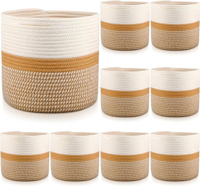 Photo 1 of 9Pcs Woven Cotton Rope Basket Bulk Storage Cubes Baskets Bins with Handles 10.2 x 10.2 x 10.2'' Round Organizer Bins Cute Toy Basket for Cube Storage Organizer Shelves Clothes Towels