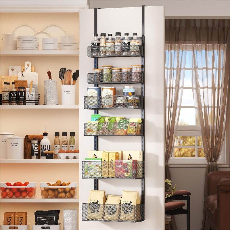 Photo 1 of 6-Tier Over The Door Pantry Organizer Adjustable Tiers Hanging & Wall Mount Spice Rack,Metal Tube Behind The Door Storage Shelf,6 Adjustable Baskets with 4 Sizes & Small Mesh for Kitche