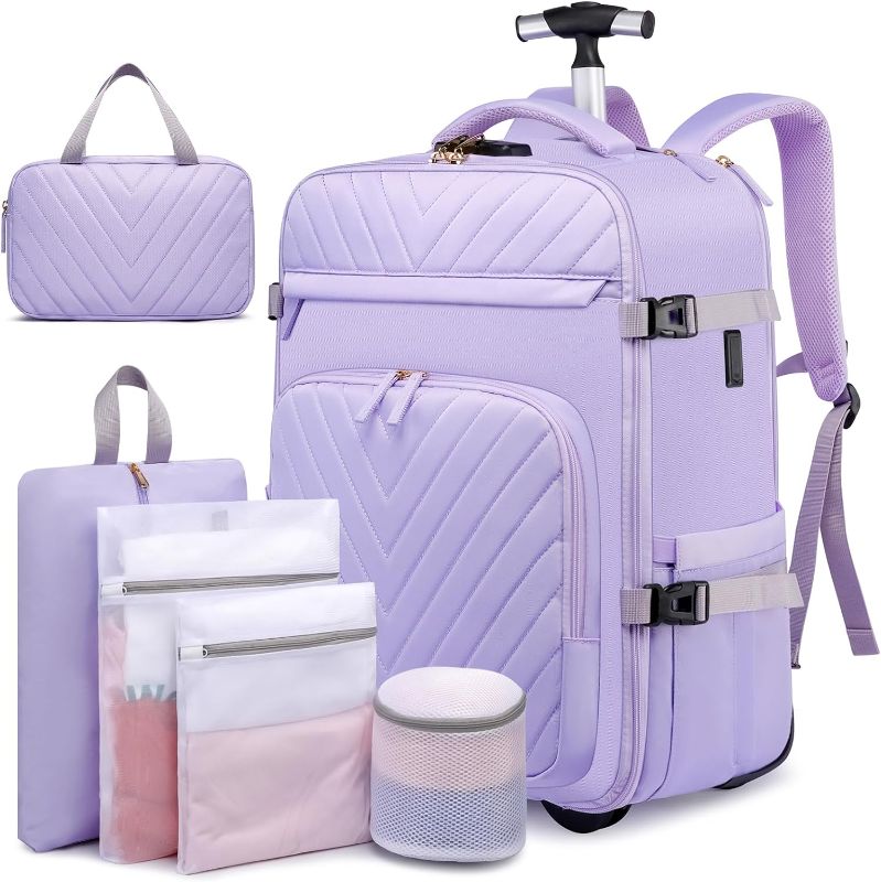 Photo 1 of Rolling Backpack for Women, 20inch Wheeled Backpack with Anti-theft Layer, Laptop Backpack With USB Port & Lock, Waterproof Business Travel Backpack with 6 Bags, Purple