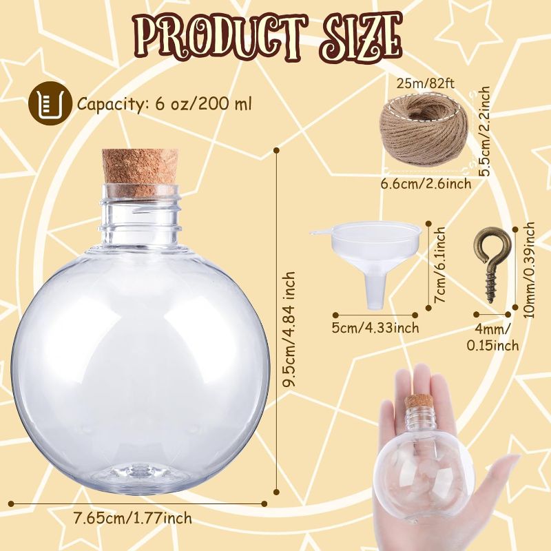Photo 1 of 36 Pcs 6 oz Plastic Potion Bottles with Corks, Sand Art Bottles Spherical Clear Potion Bottles with Lid Cocktail Ornament Balls Kits for Kids Summer Beach DIY Party Gift Crafts Decoration