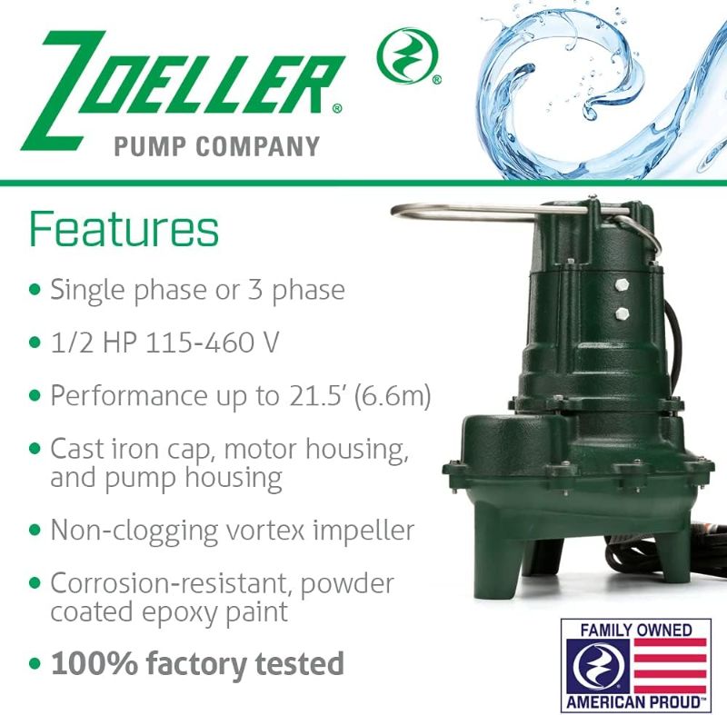 Photo 2 of Zoeller Waste-Mate 267-0001 Sewage Pump, 1/2 HP Automatic – Heavy-Duty Submersible Sewage, Effluent or Dewatering Pump