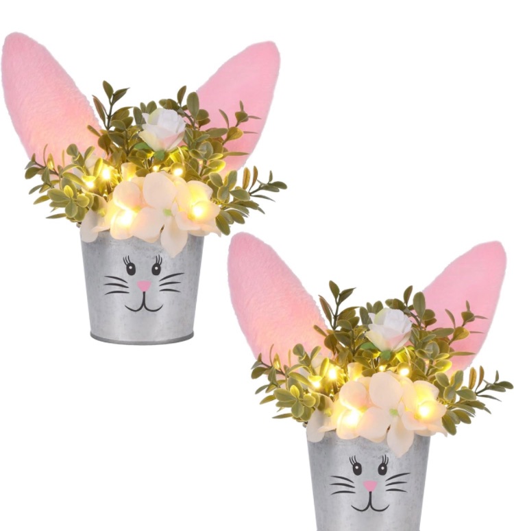 Photo 1 of 2 Pcs Easter Table Decorations Artificial Flower with Bunny Ear, Lighted Easter Desk Decor Bunny Flowers, Easter Tabletop Decorations for Home Table Mantle Office Spring Party