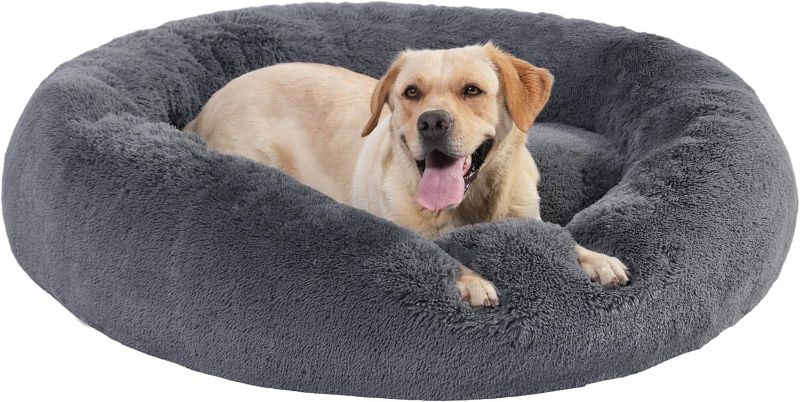 Photo 1 of 45" Calming Dog Bed with Removable Cover,Anti Anxiety Donut Dog Bed,Plush Round Pet Beds for Extra Large Dogs,Fluffy Faux Fur Dog Bed,Washable Cuddler Dog Bed(Dark Grey,XL)*not exact picture**

