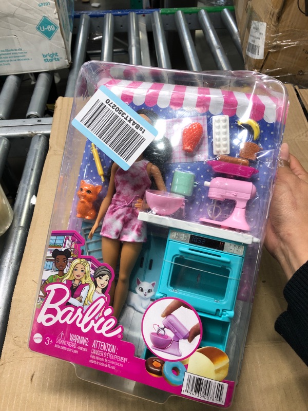 Photo 1 of Barbie Doll & Kitchen Playset Doll (~10.5 in Brunette, Petite), Oven, Spinning Mixer, Pet Kitten & Baking Accessories, Gift for 3 to 7 Year Olds
