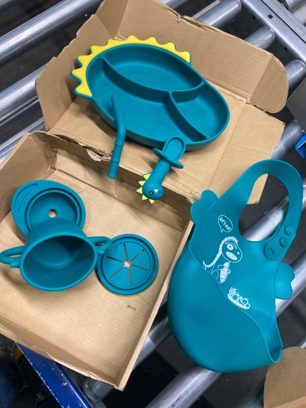Photo 3 of Baby Feeding Set?Silicone Suction Plate Dinosaur Shape SelfFeeding Adjustable Bib? Suction Plate for Baby Toddler with Spoon Fork Adjustable Bib Set -Blue Dinosaurs
