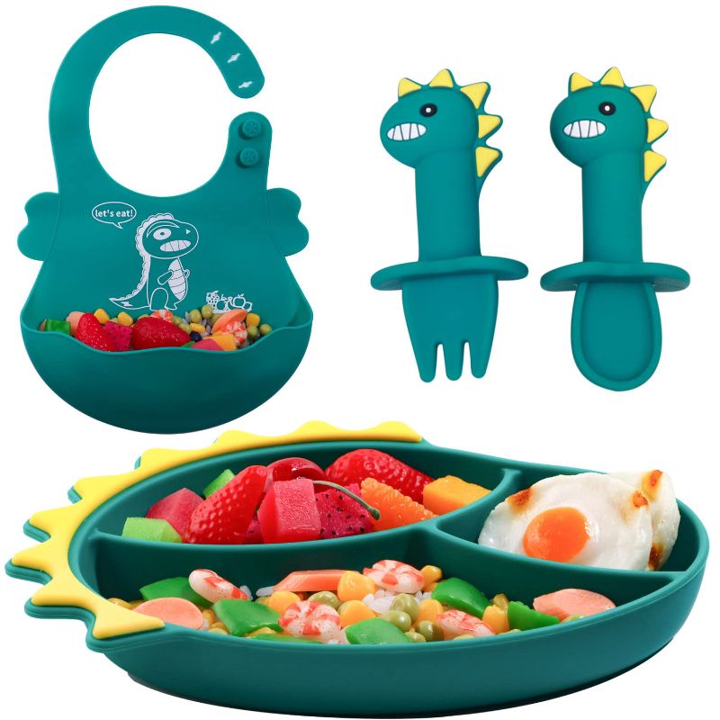 Photo 1 of Baby Feeding Set?Silicone Suction Plate Dinosaur Shape SelfFeeding Adjustable Bib? Suction Plate for Baby Toddler with Spoon Fork Adjustable Bib Set -Blue Dinosaurs
