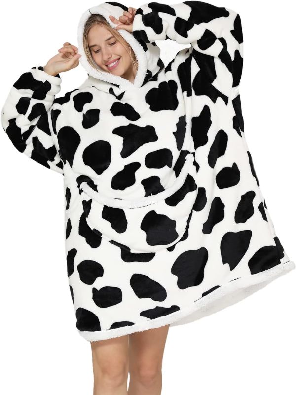 Photo 1 of Blanket Hoodie Wearable Oversized Hooded Blanket for Adult Women Super Soft Comfortable Warm Flannel with Giant Pocket and Sleeves Cow

