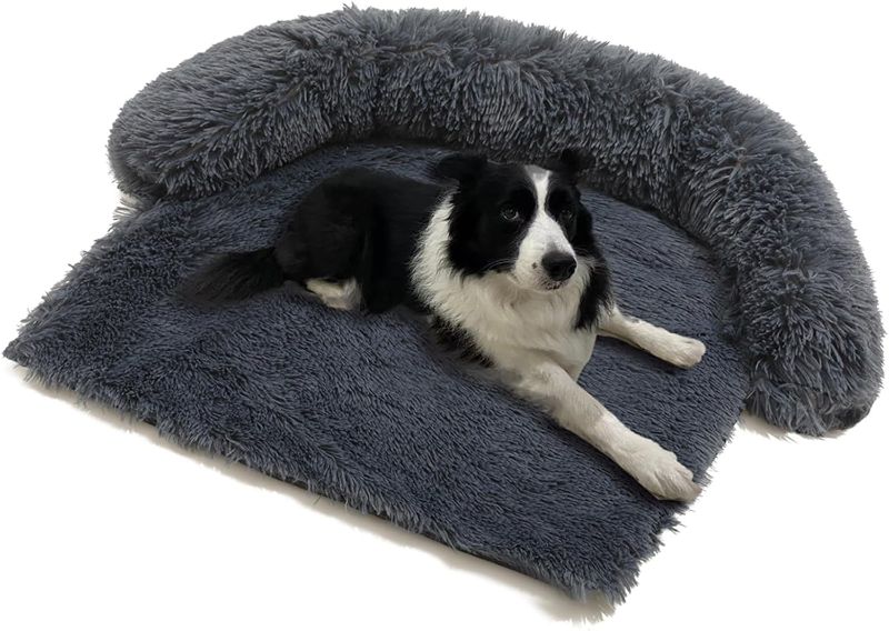 Photo 1 of **NEEDS CLEANED** Fluffy Calming XXL Dog Bed Deluxe Anti-Anxiety Plush Dog Mat Dog Couch Cover for Furniture Protector with Removable Pillow & Washable Cover, 51''x41''x7.5'', Grey XX-Large(51''×41'') Grey
