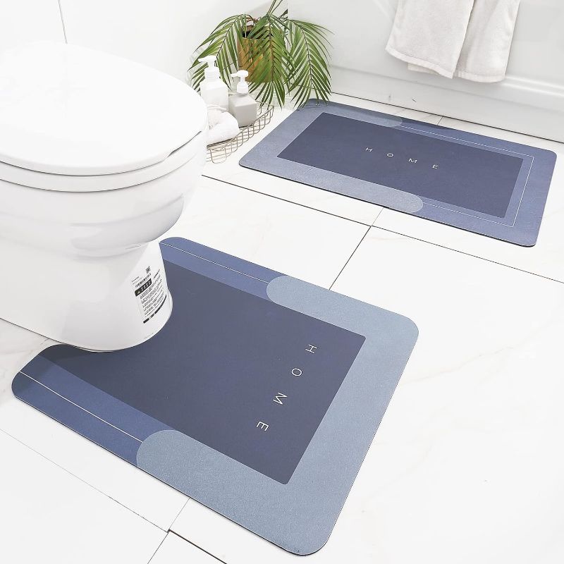 Photo 1 of 2Pcs Ultra Soft Napa Skin Bath Mat and U-Shaped Toilet Rug, Water Absorbent and Non Slip Shower Bath Rug for Bathroom, Tub and Shower - 20"x32"+20"x24", Blue