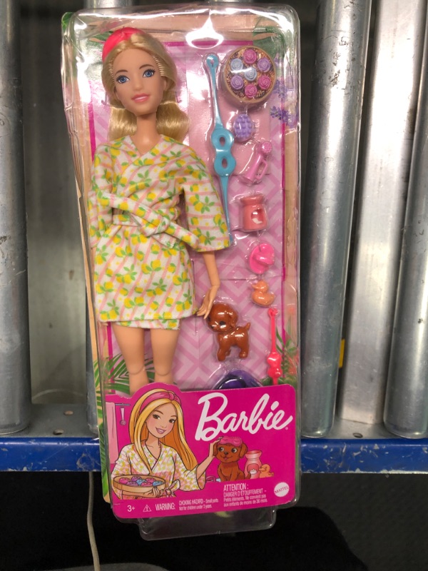 Photo 2 of Barbie Doll, Kids Toys, Blonde Doll with Pet Puppy, Sets, Spa Day, Lemon Print Bathrobe, Headband and Eye Mask, Self-Care Series