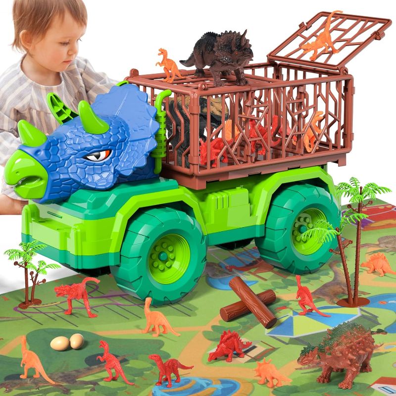 Photo 1 of Dinosaur Truck Toys for Kids Boys, Dinosaur Transport Car Carrier Truck with Activity Play Mat, 43 PCS Triceratops Dinosaur Playset for 3 4 5 6 7 8 Years Old Boys Kids Toddlers