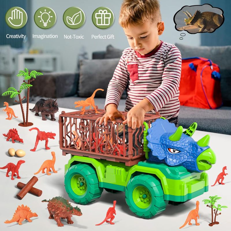 Photo 2 of Dinosaur Truck Toys for Kids Boys, Dinosaur Transport Car Carrier Truck with Activity Play Mat, 43 PCS Triceratops Dinosaur Playset for 3 4 5 6 7 8 Years Old Boys Kids Toddlers