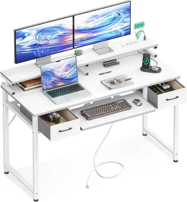 Photo 3 of ODK White Computer Desk with Drawers, 48 Inch Office Desk with Power Outlet, PC Desk with Keyboard Tray, Study Table Work Desk with Monitor Shelf, Writing Desk for Home Office, White