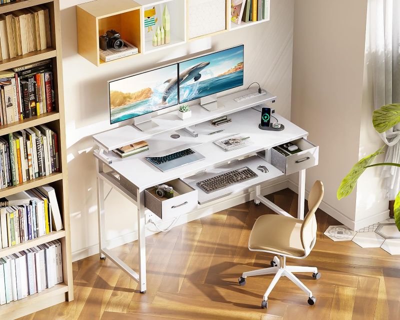 Photo 4 of ODK White Computer Desk with Drawers, 48 Inch Office Desk with Power Outlet, PC Desk with Keyboard Tray, Study Table Work Desk with Monitor Shelf, Writing Desk for Home Office, White