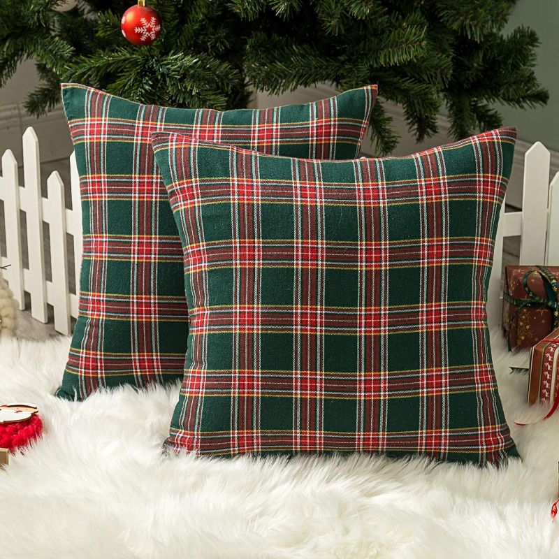 Photo 1 of AQOTHES Pack of 2 Christmas Plaid Decorative Throw Pillow Covers Scottish Tartan Cushion Case for Farmhouse Home Holiday Decor Red and Green, 18 x 18 Inches